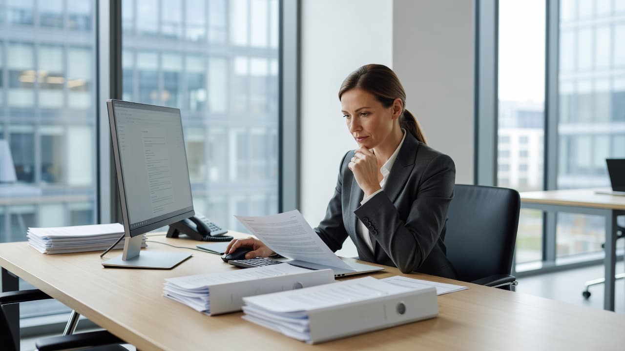 Un agent de conformité lit des textes réglementaires sur son écran de bureau.