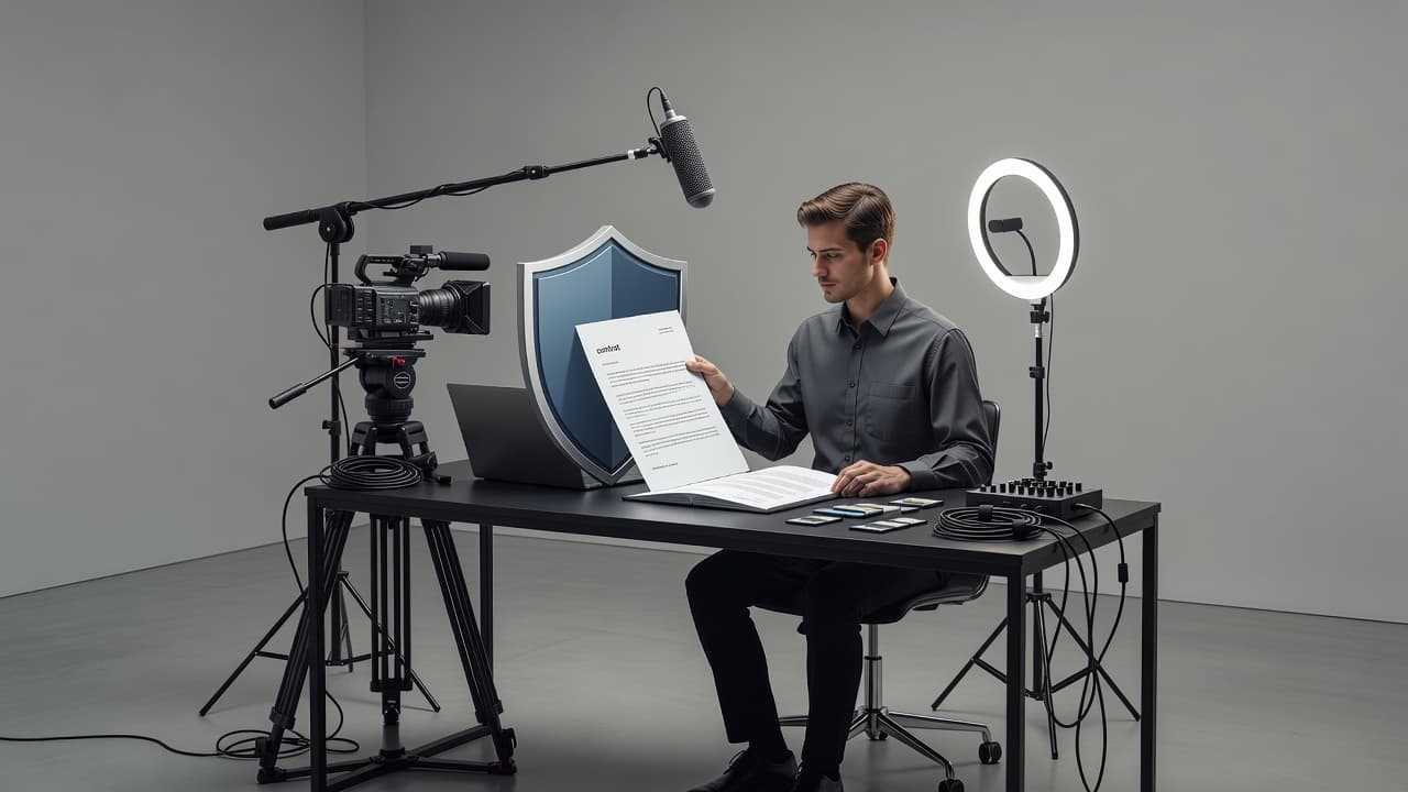 Un contrat professionnel et un bouclier de protection posés dans un studio de tournage.