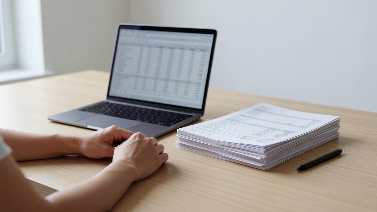 Mains d'une personne travaillant sur un ordinateur portable entourées de dossiers financiers.