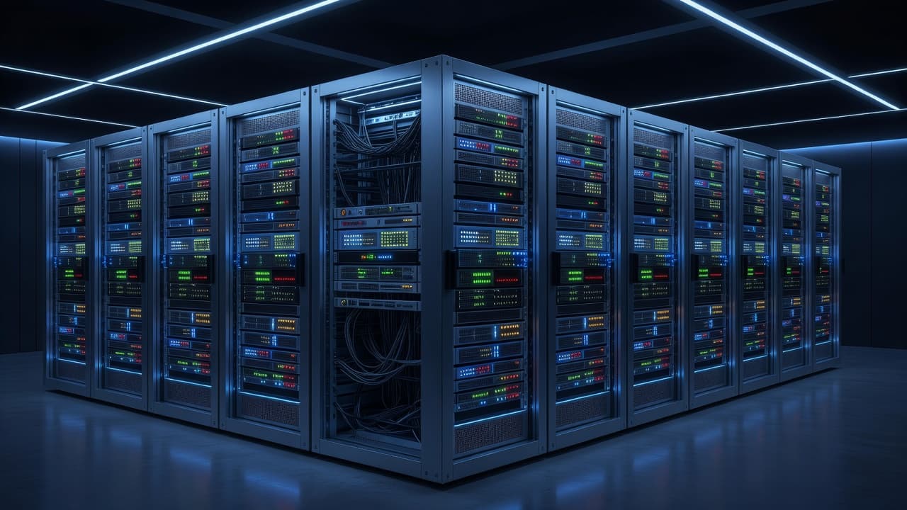 Des rangées parallèles de baies informatiques occupent la pièce, illuminées par des voyants bleus clignotants. L'éclairage néon crée une ambiance technologique sombre mettant en valeur la puissance de cette architecture réseau avancée.