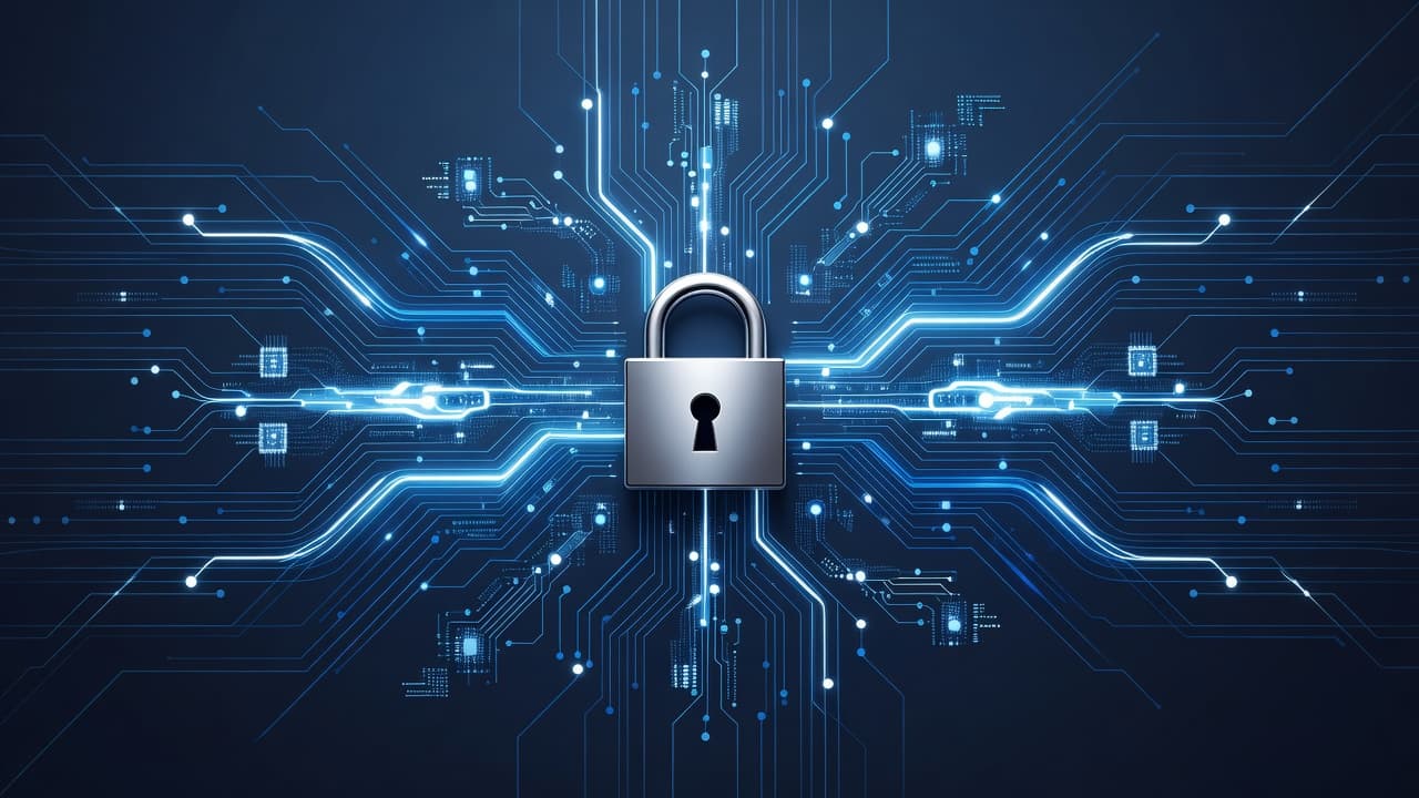 Un cadenas stylisé brille au centre entouré de circuits électroniques bleutés sur un fond sombre. Cette illustration met en scène la protection des données bancaires à travers une architecture logicielle sophistiquée.