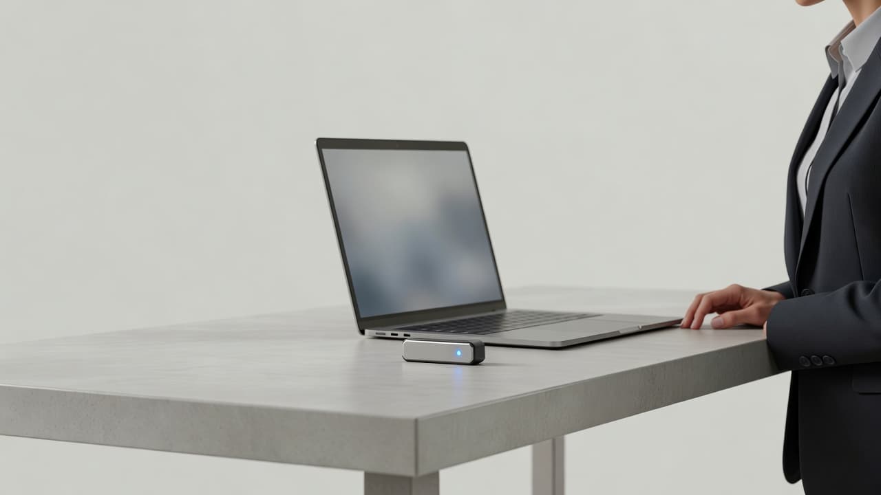 Un ordinateur portable et une clé de sécurité posés sur un bureau épuré.
