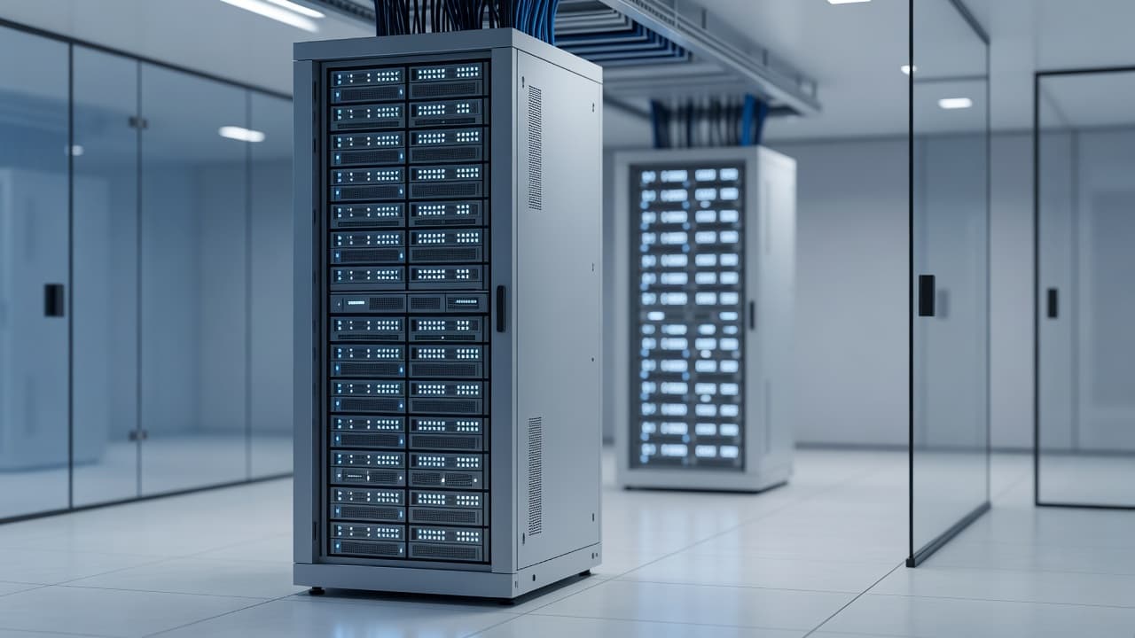 Des baies de serveurs alignées baignent dans une lumière bleue tamisée au sein d'un espace technologique protégé. Le rangement rigoureux des composants souligne la stabilité et la haute sécurité du matériel.