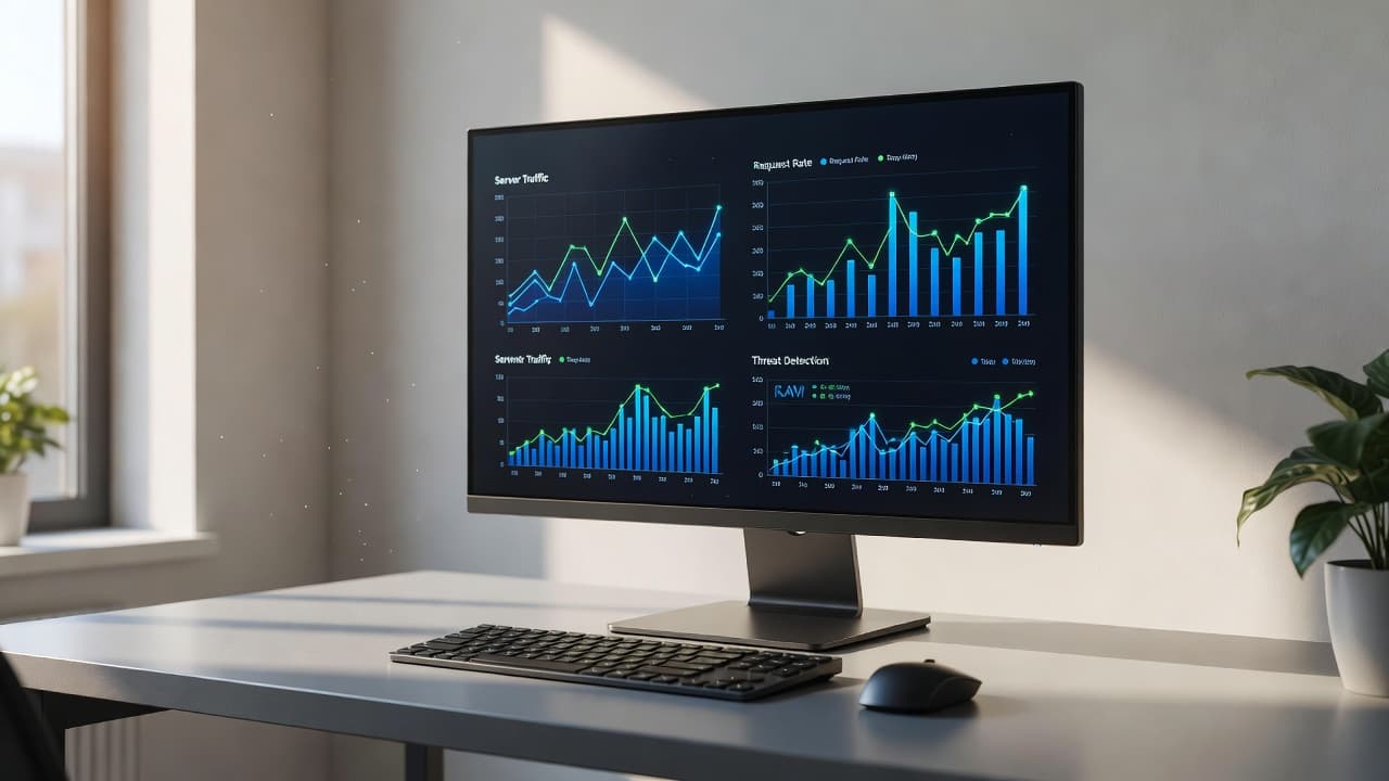 Un moniteur informatique présente des graphiques de surveillance réseau sur un bureau épuré.