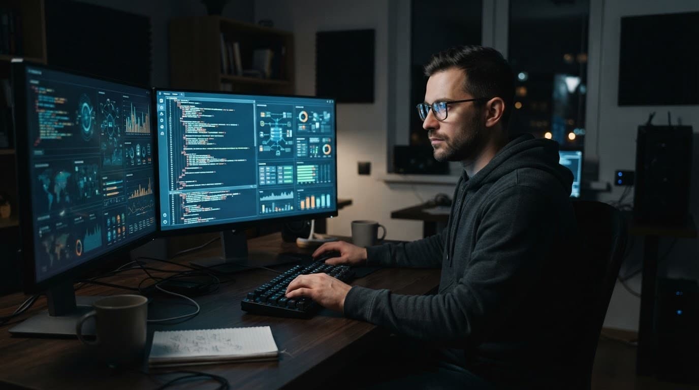 Un expert examine des graphiques de serveurs sur un écran dans un bureau sombre.