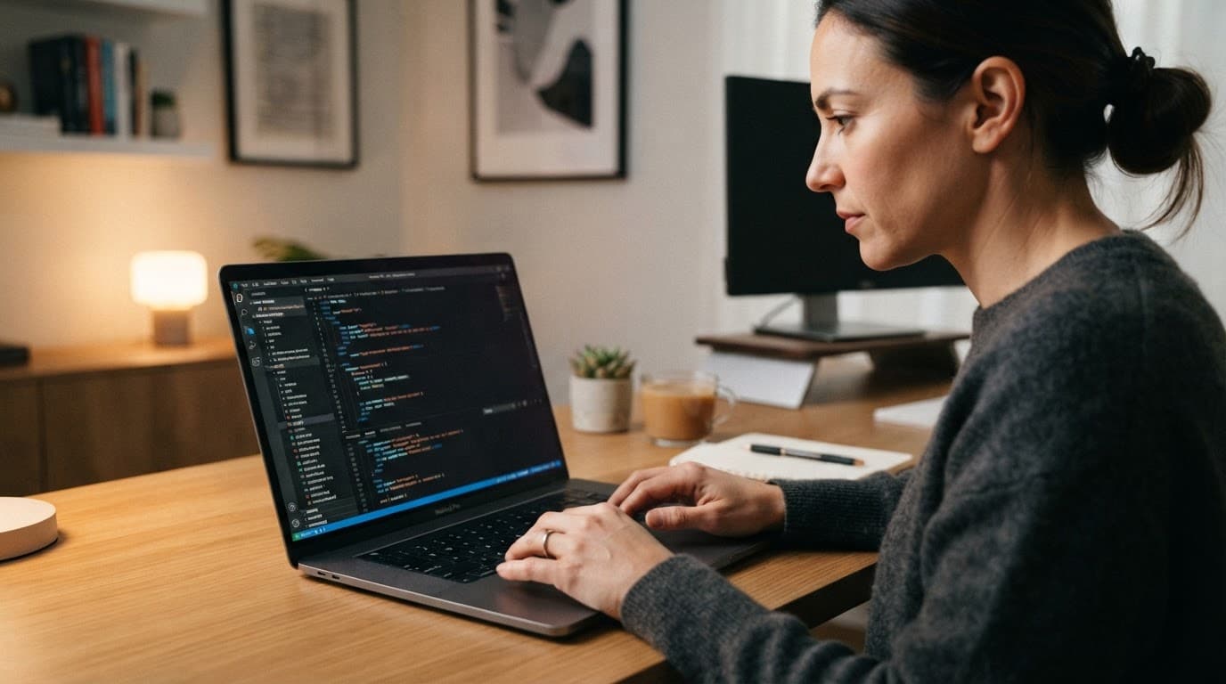 Une personne examine du code sur un ordinateur portable, installé sur un bureau moderne.
