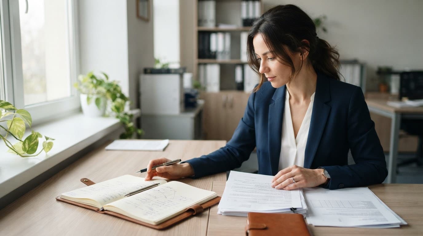 Un bureau ordonné avec un bloc-notes, un stylo et une personne sous une lumière naturelle.