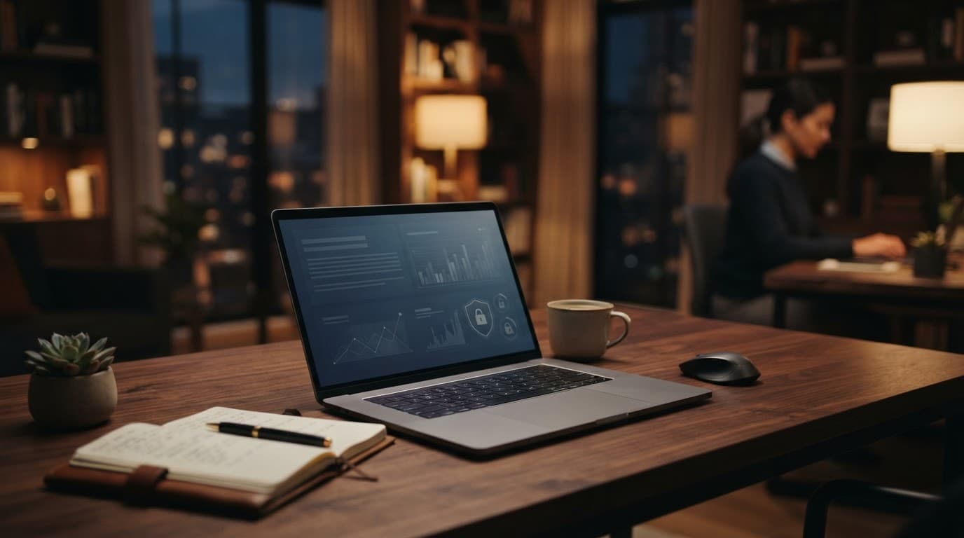 Ordinateur portable sur un bureau sombre, avec une personne floue à l'arrière-plan.