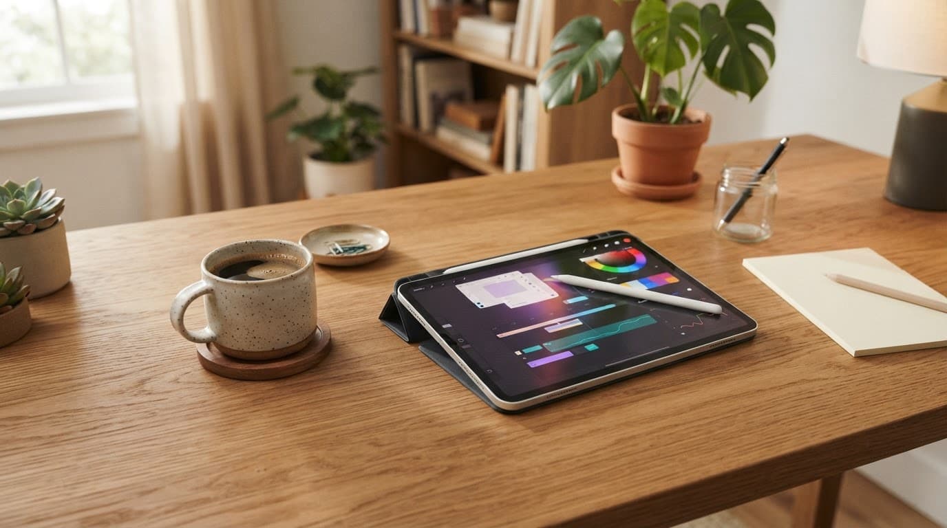 Tablette moderne et tasse de café sur un bureau en bois éclairé doucement.