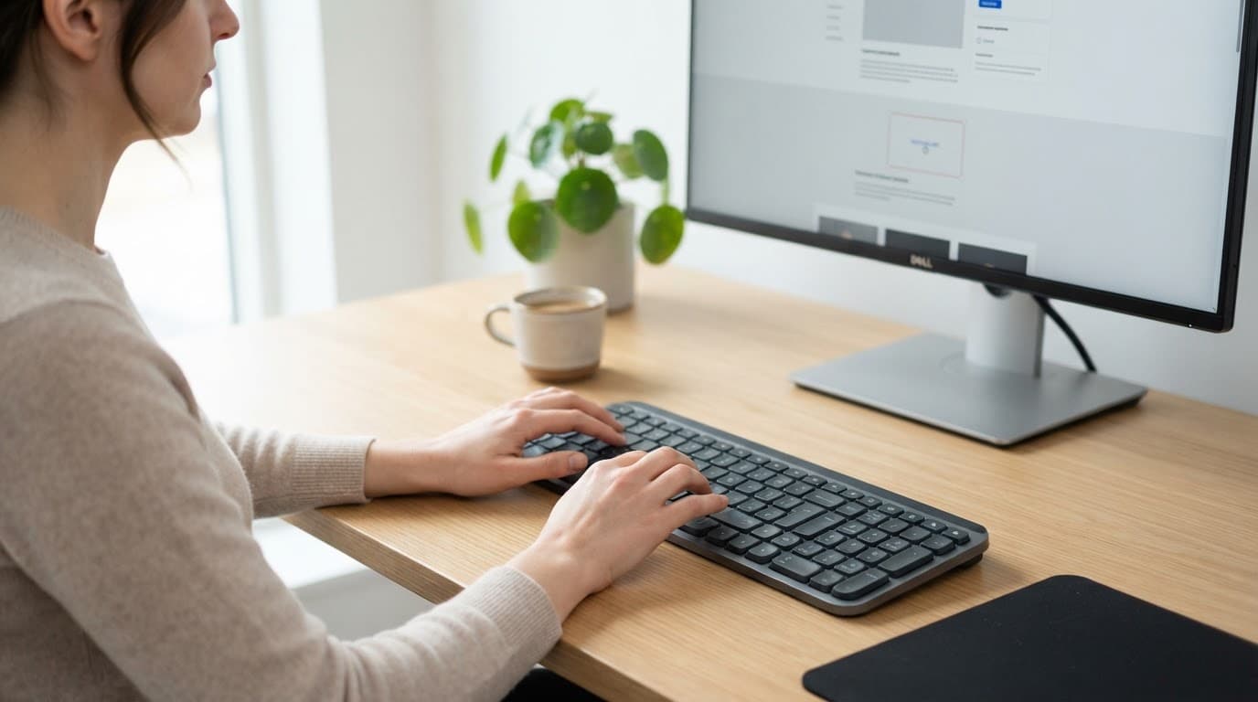 Une personne utilise un clavier devant un écran dans un bureau lumineux.