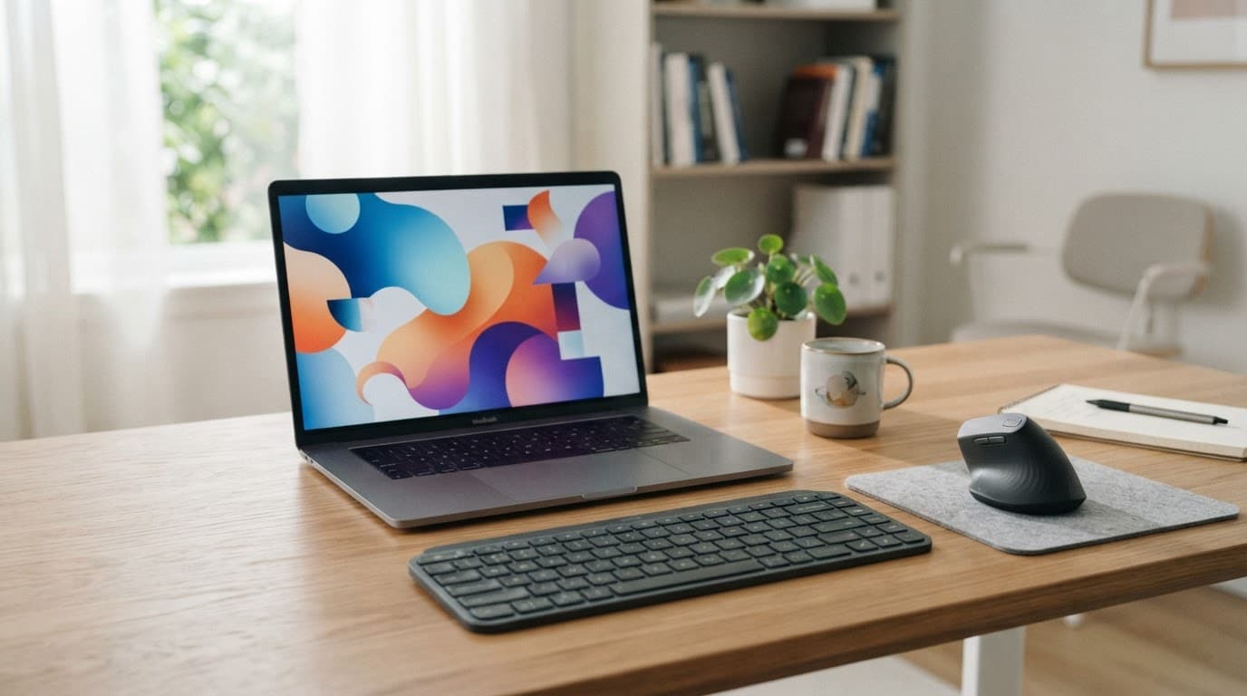 Bureau moderne avec ordinateur portable, clavier et souris ergonomique.