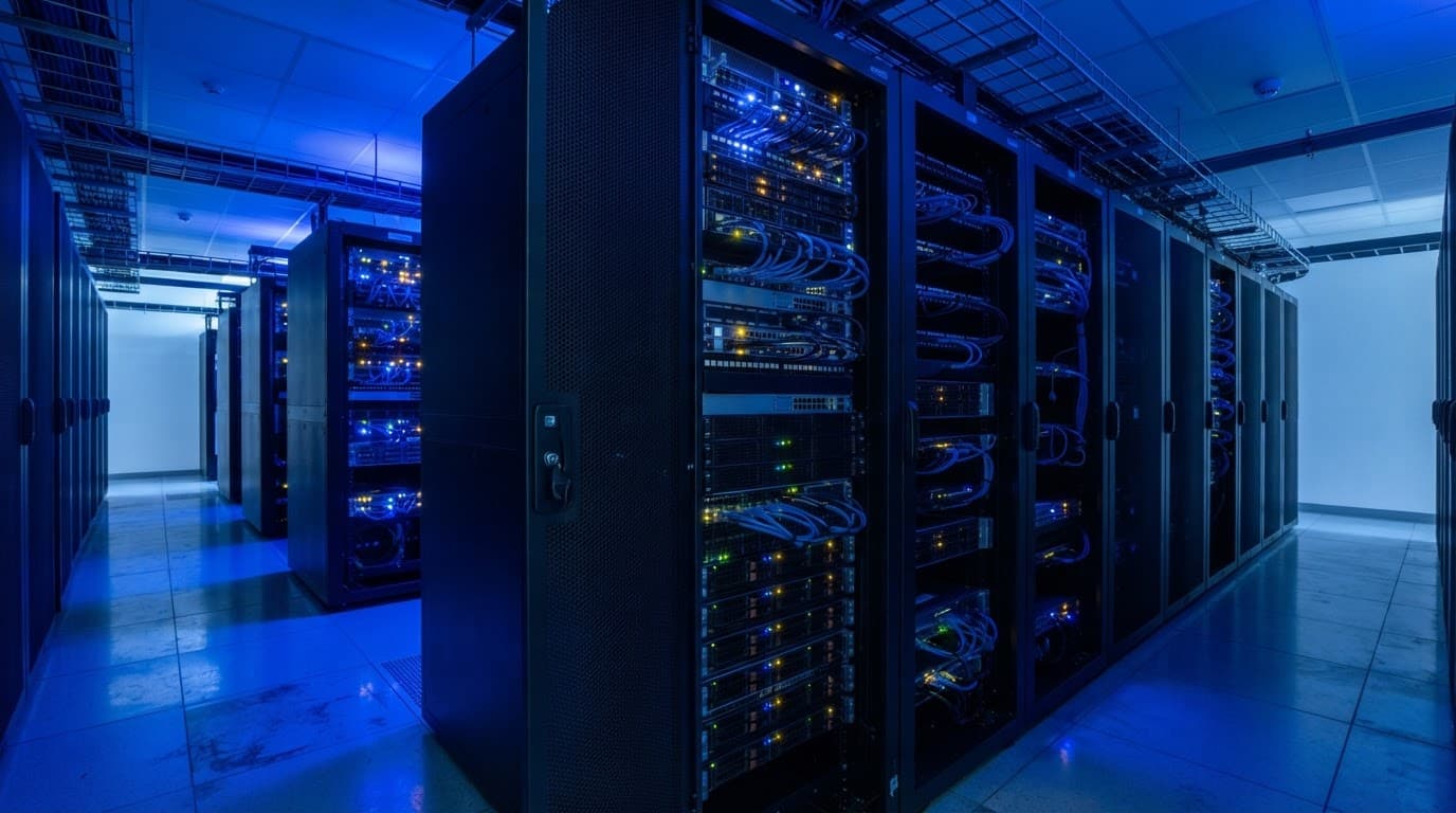 Un rack de serveurs sécurisé dans une salle informatique baignée de lumière bleue.