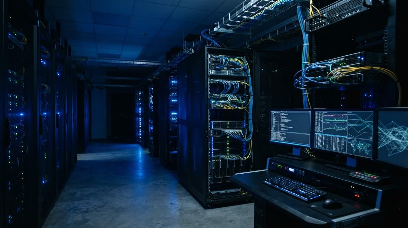 Baies de serveurs bleues et câbles réseau dans une salle technique sombre.