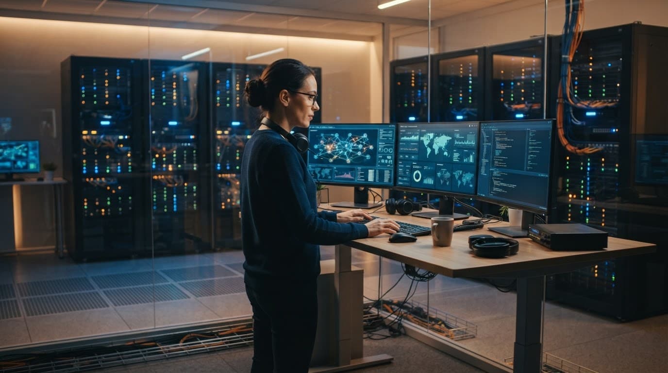 Une professionnelle observe des serveurs sécurisés dans un bureau moderne éclairé chaleureusement.