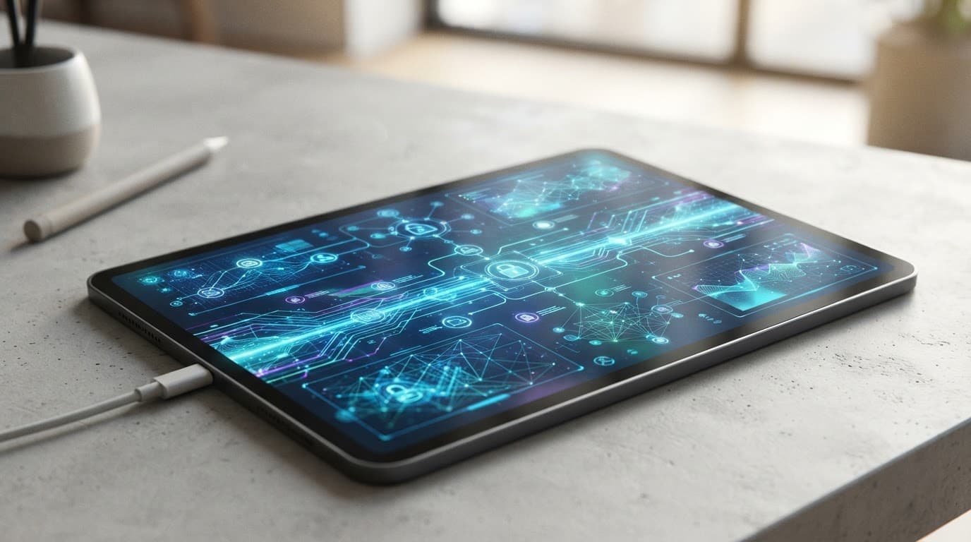 Tablette numérique unique affichant des flux de données abstraits dans un espace technologique éclairé doucement.