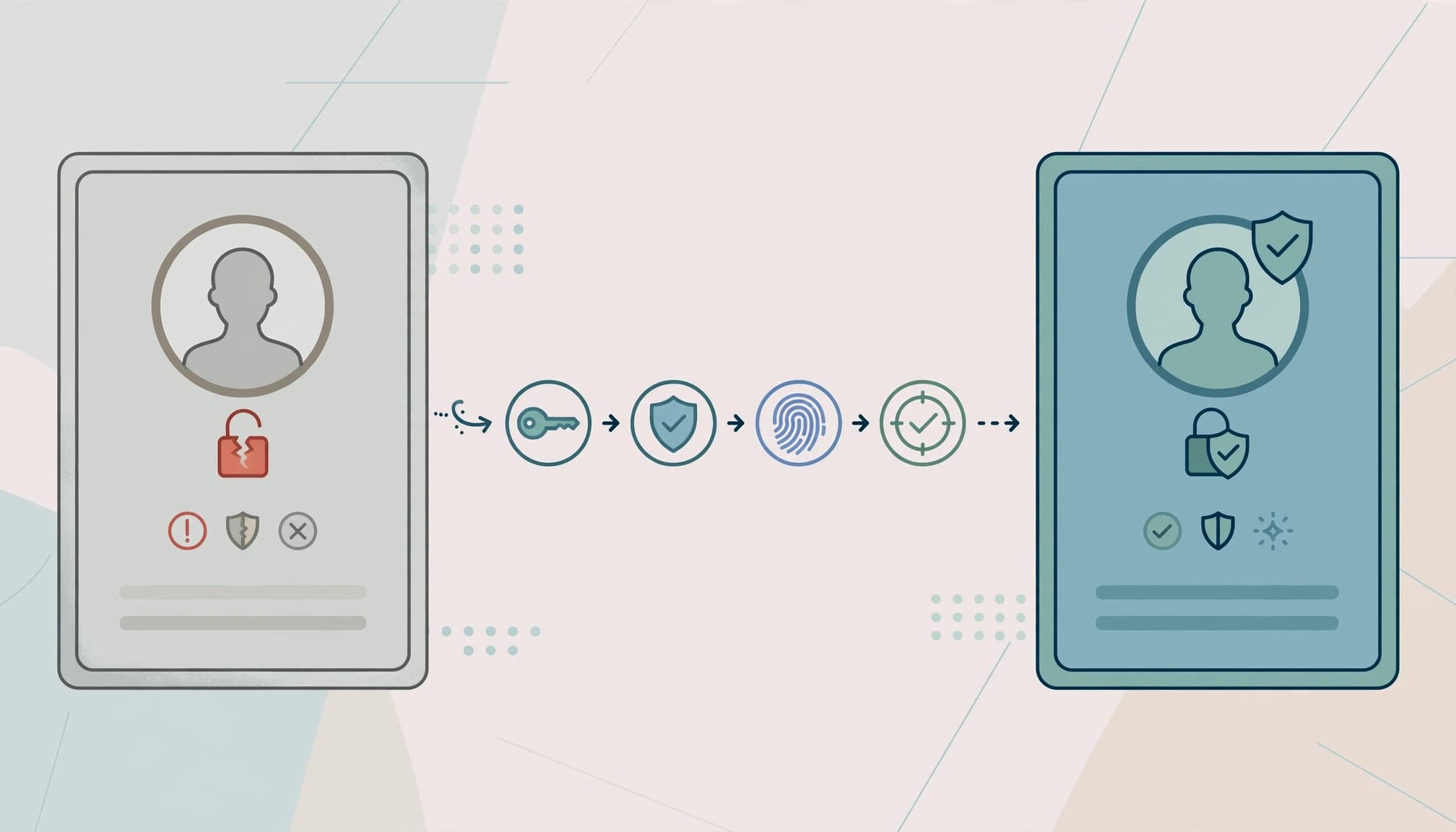 Illustration montrant deux cartes de profil reliées par des icônes de vérification.