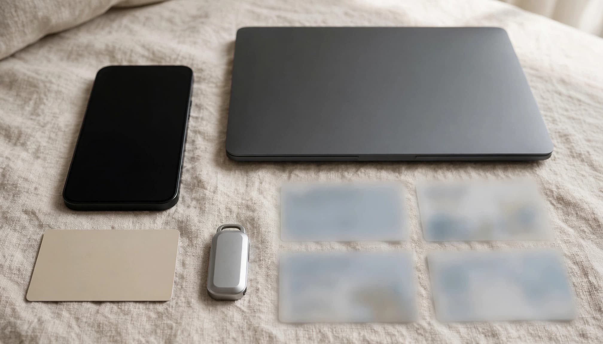 Ordinateur portable fermé, smartphone, carte, clé de sécurité et rectangles floutés sur un lit.
